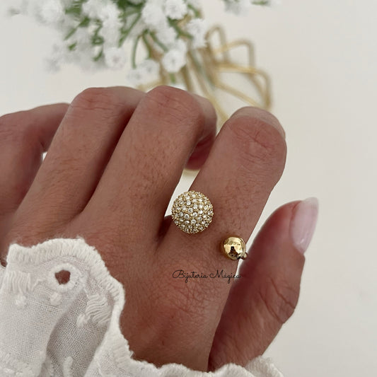 Anel Ajustável Esfera Brilho Dourado em Aço