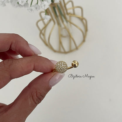 Anel Ajustável Esfera Brilho Dourado em Aço
