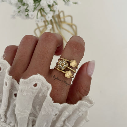 Anel Ajustável Flores Brilho Dourado em Aço