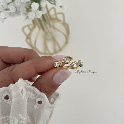 Anel Ajustável Gotas Brilho Dourado em Aço
