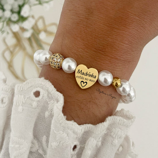 Pulseira Madrinha em Pérolas com Coração Personalizado
