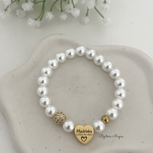 Pulseira Madrinha em Pérolas com Coração Personalizado