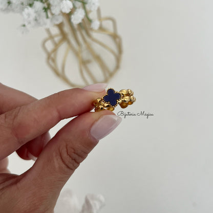 Adjustable Gold-Plated Steel Blue Clover Ring