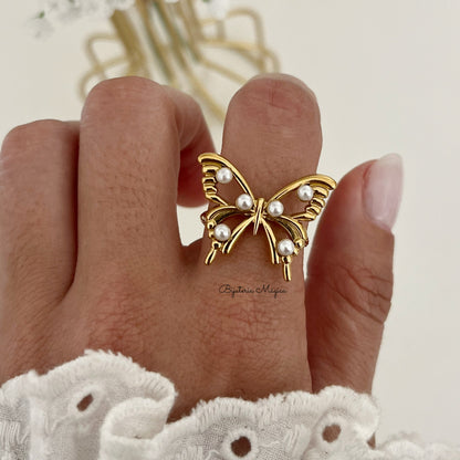 Anel Borboleta Pérolas Dourado Ajustável