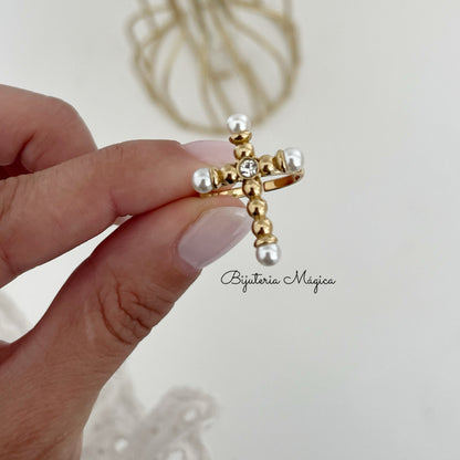 Anel Cruz Pérolas & Brilho Dourado