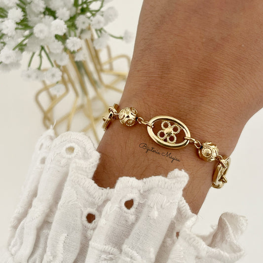 Pulseira Bolas de Viana com Flor Filigrana Dourada