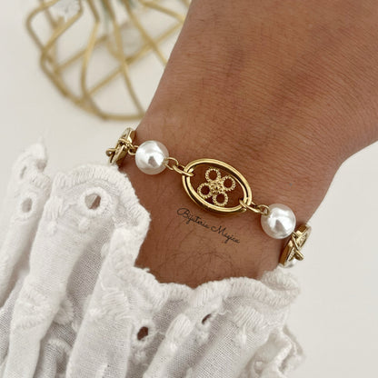 Pulseira Pérolas com Flor Filigrana Dourada