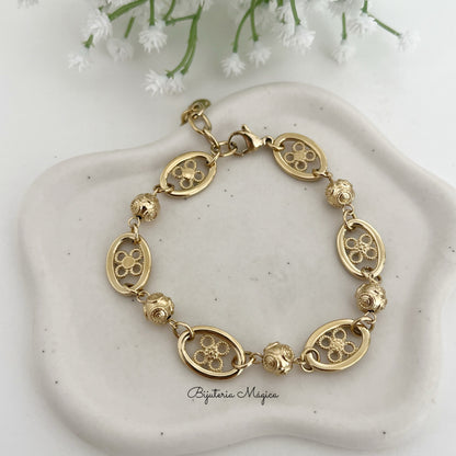 Pulseira Bolas de Viana com Flor Filigrana Dourada