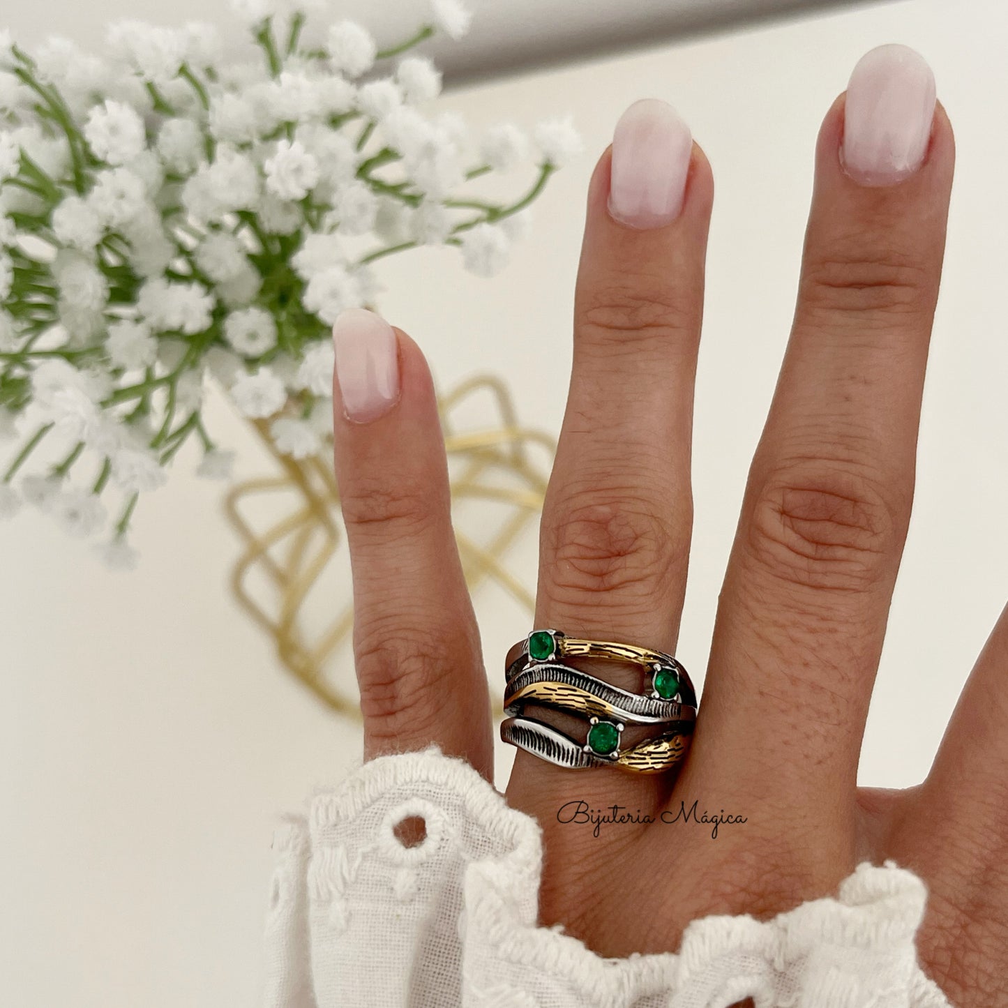 Anel Elegance Ondas Verdes em Aço Inoxidável