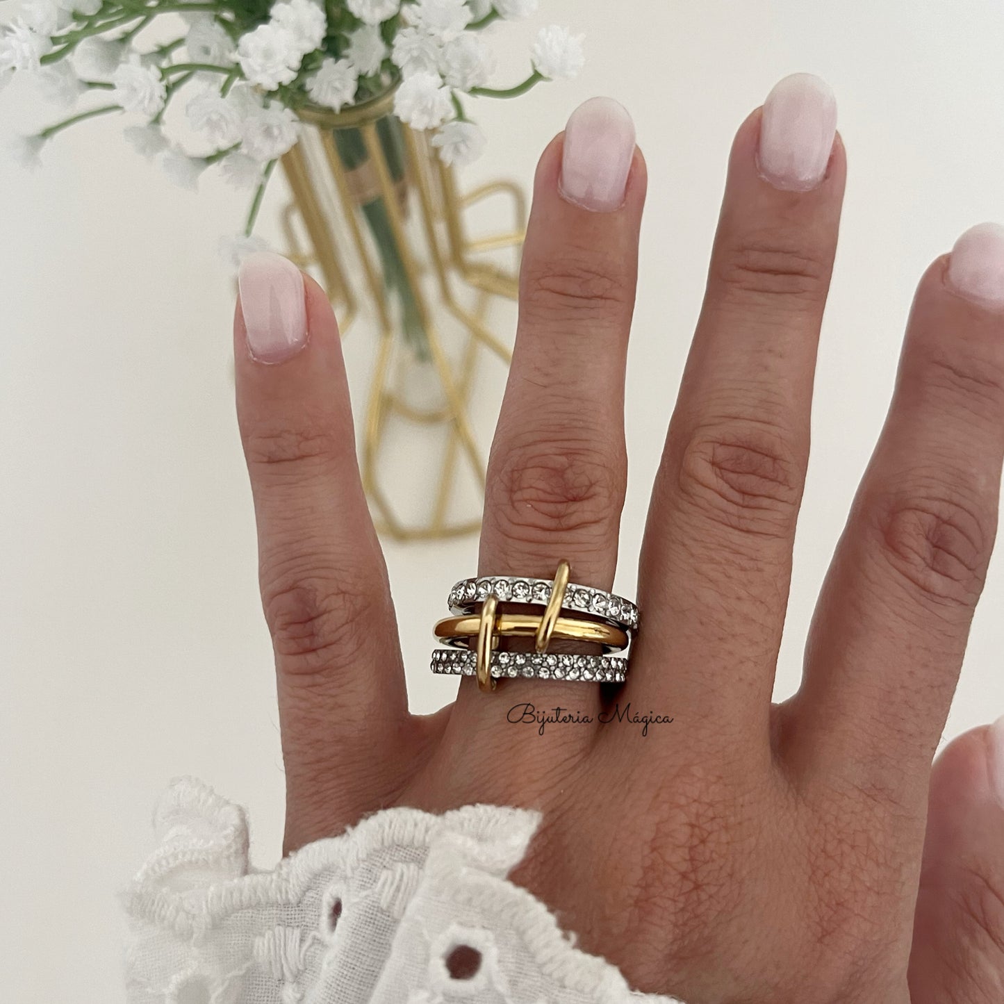 Elegance Multi-Hoop Ring with Zirconias in Stainless Steel