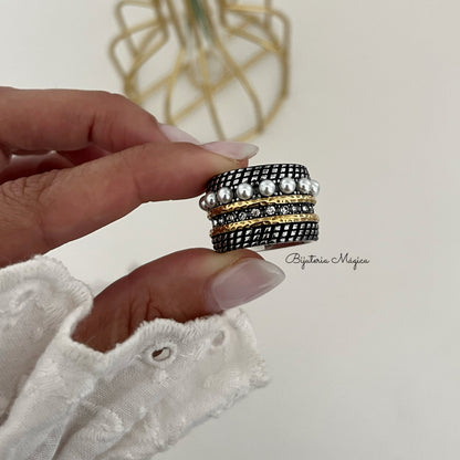Anel Elegance Pérolas & Brilho em Aço Inoxidável