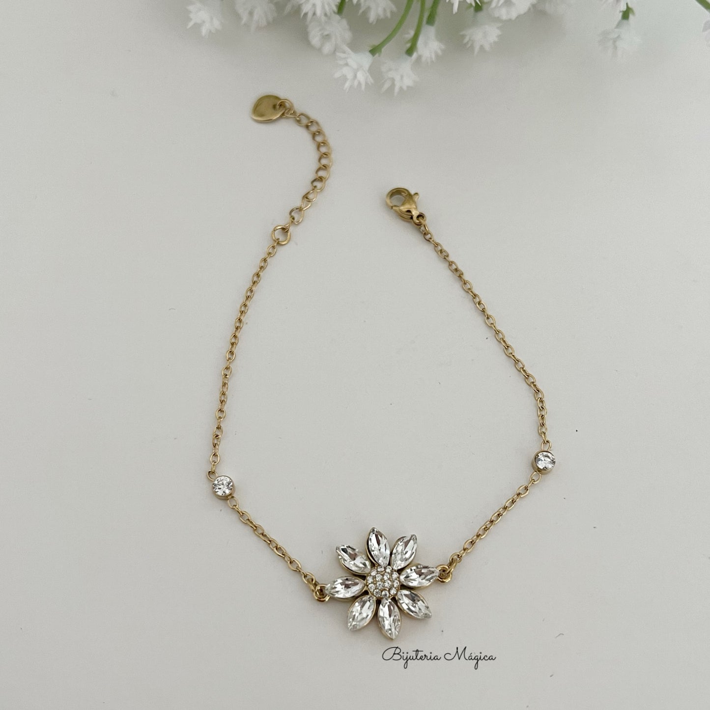 Pulseira Flor Brilhante em Aço Inoxidável