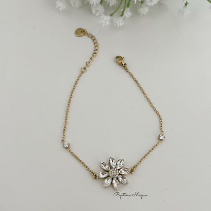 Pulseira Flor Brilhante em Aço Inoxidável