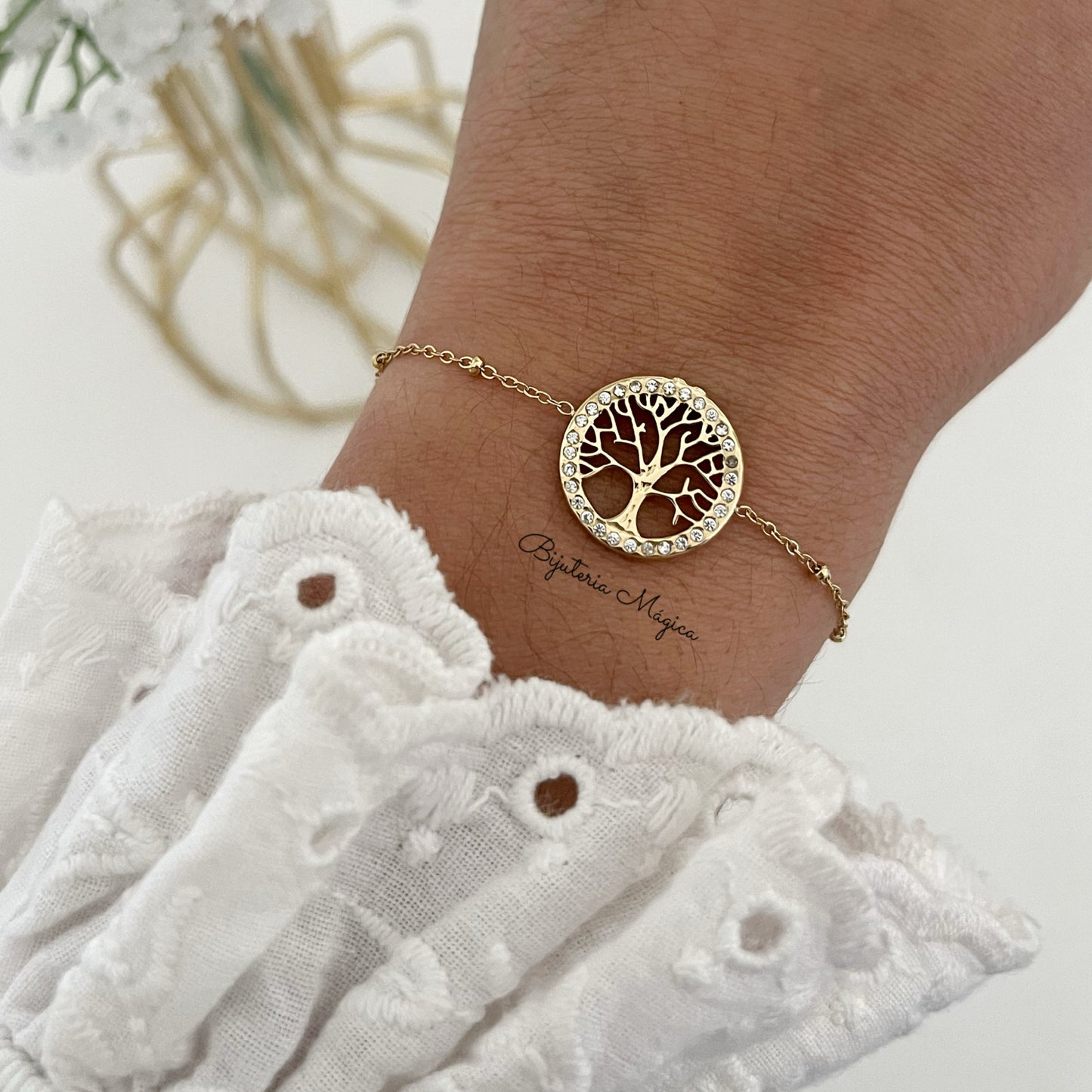 Pulseira Árvore da Vida Brilhante em Aço Inoxidável