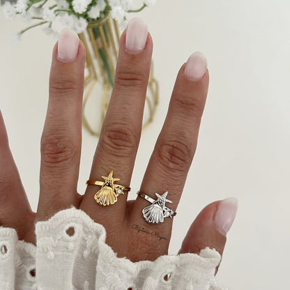 Adjustable Starfish & Shell Ring in Stainless Steel