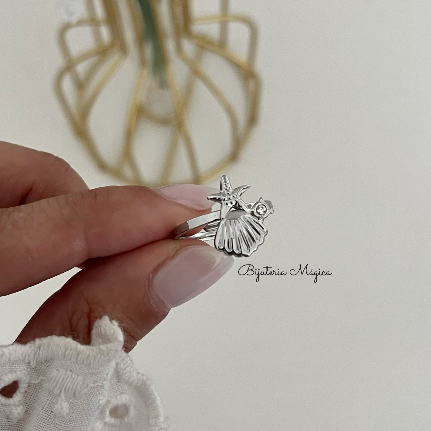 Adjustable Starfish & Shell Ring in Stainless Steel