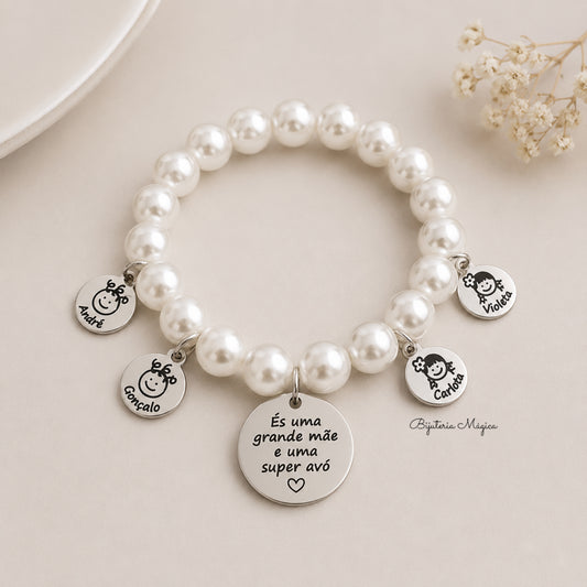 Pulseira Elástica de Pérolas Avó com Medalhas Personalizadas em Aço