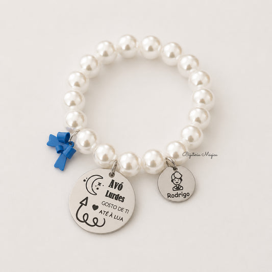 Pulseira Elástica de Pérolas Personalizada para Avó – Medalhas em Aço