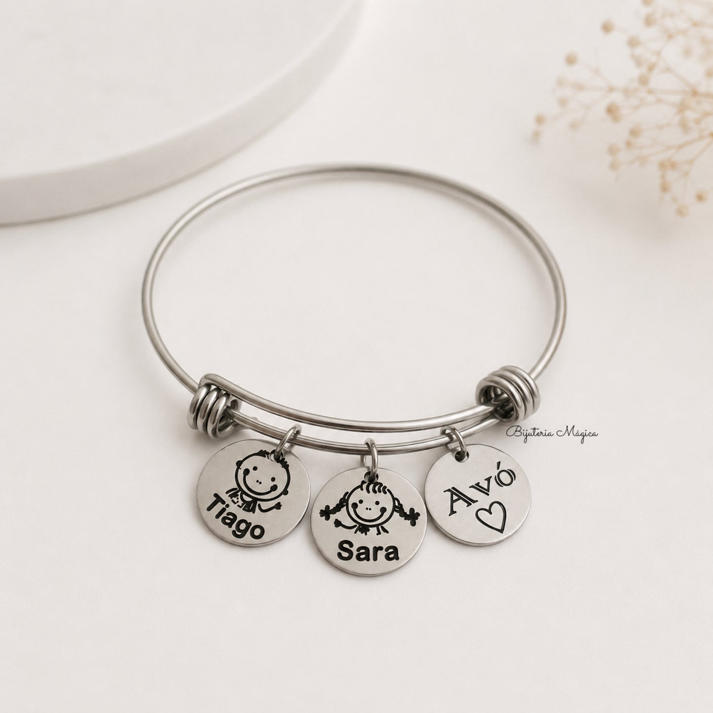 Pulseira Escrava Personalizada Avó em Aço Inoxidável – 3 Pingentes