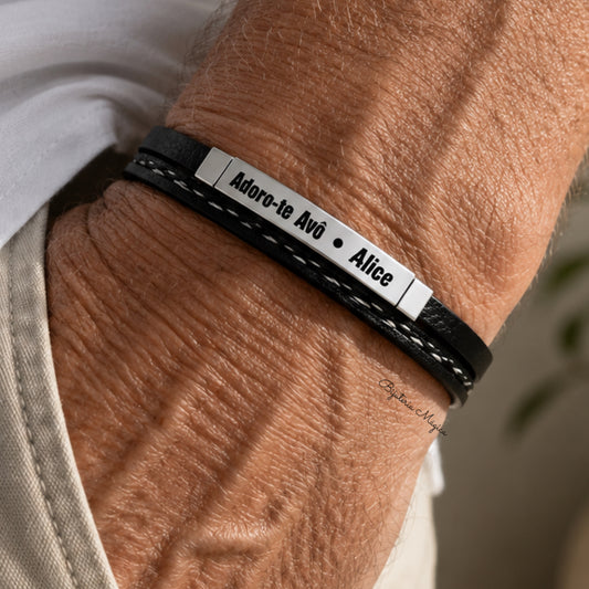Pulseira para Homem Personalizada em Aço e Pele Sintética