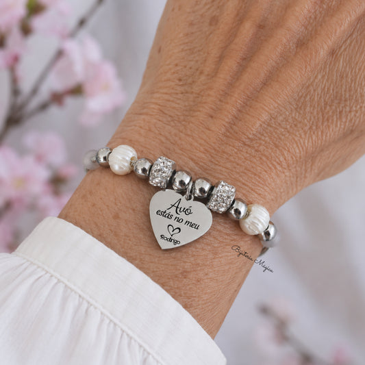 Pulseira Ajustável em Aço com Pérolas e Coração Personalizado