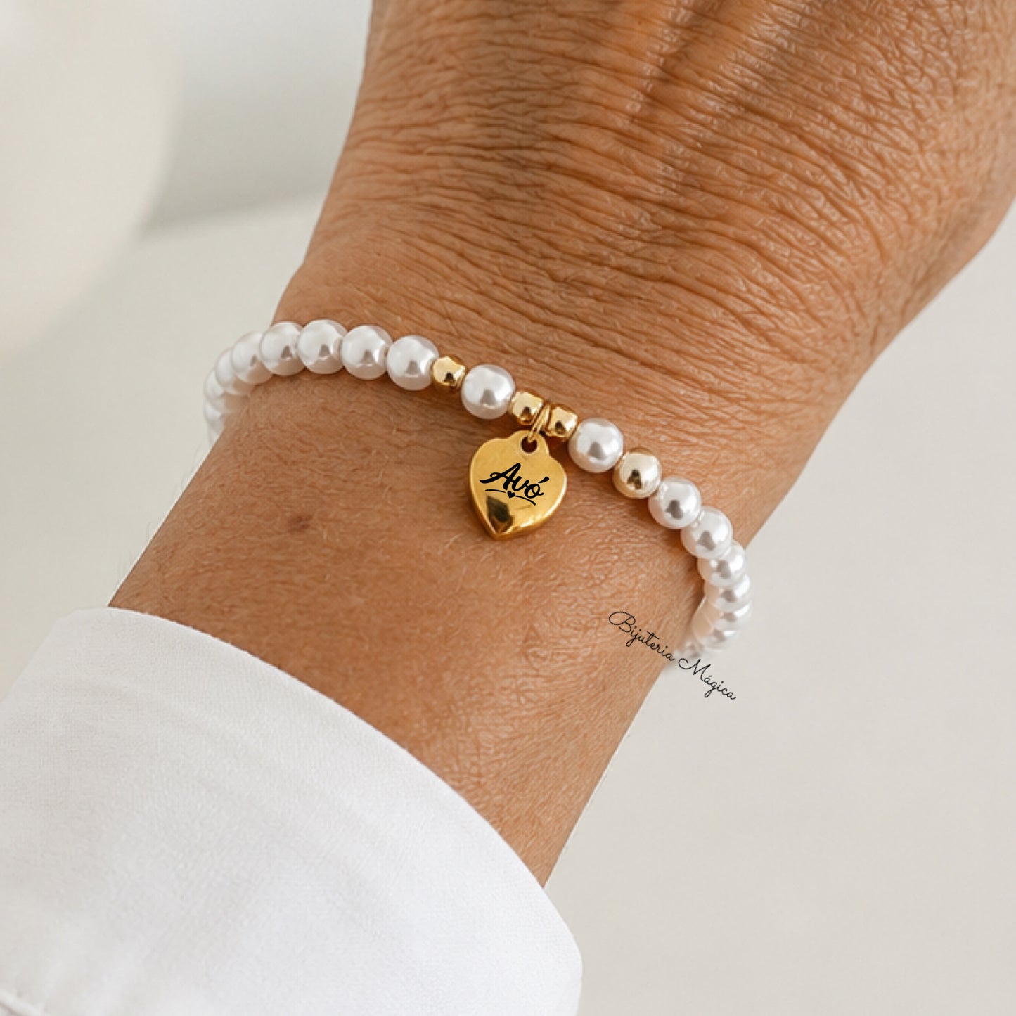 Pulseira Elástica de Pérolas com Coração “Avó” em Aço Inoxidável