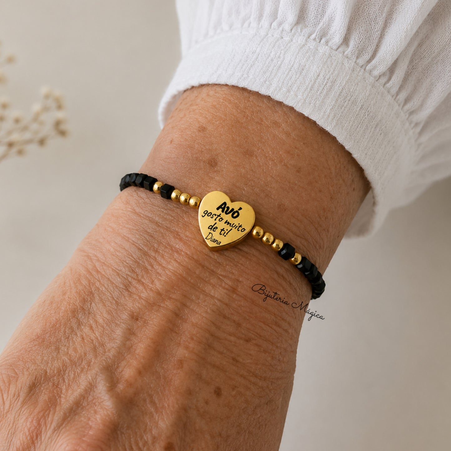 Pulseira Elástica com Coração Personalizado em Aço Inoxidável