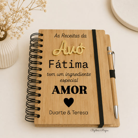 Livro de Receitas Personalizado em Bambu com Caneta