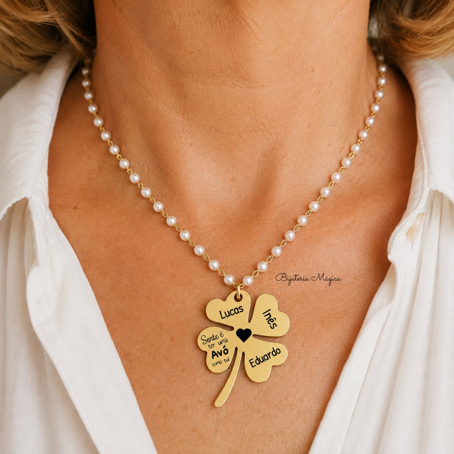 Colar Trevo Personalizado com Pérolas