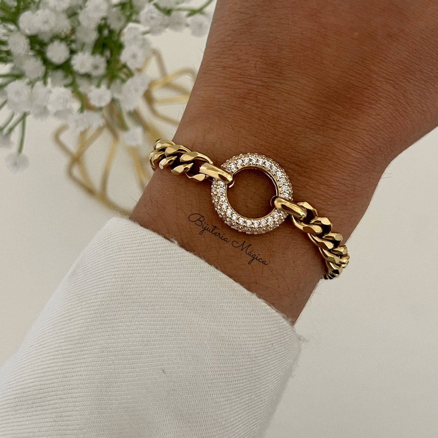 Pulseira Elo Circular com Zircónias em Aço Inoxidável