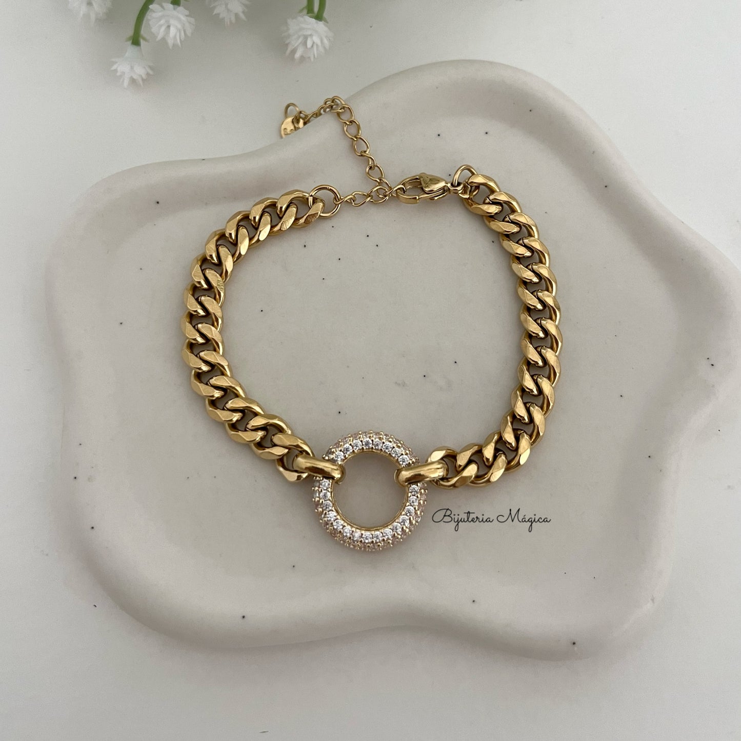 Pulseira Elo Circular com Zircónias em Aço Inoxidável