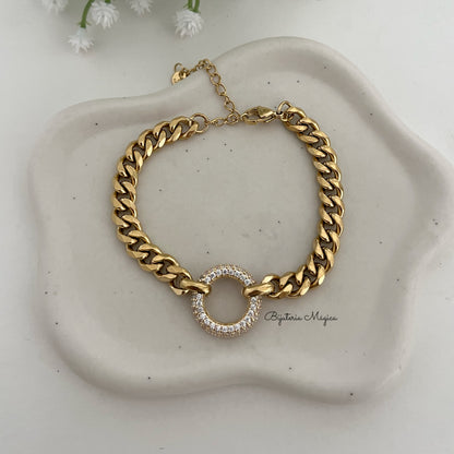 Pulseira Elo Circular com Zircónias em Aço Inoxidável