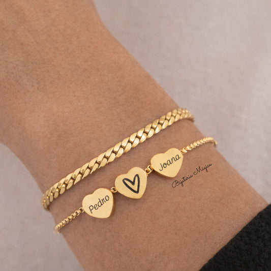 Pulseira Dupla Personalizada com Corações em Aço