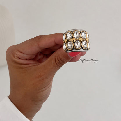 Anel Largo Bicolor com Zircónias em Aço Inoxidável