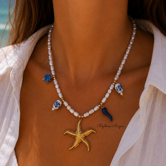 Colar Pérolas com Estrela-do-Mar em Aço