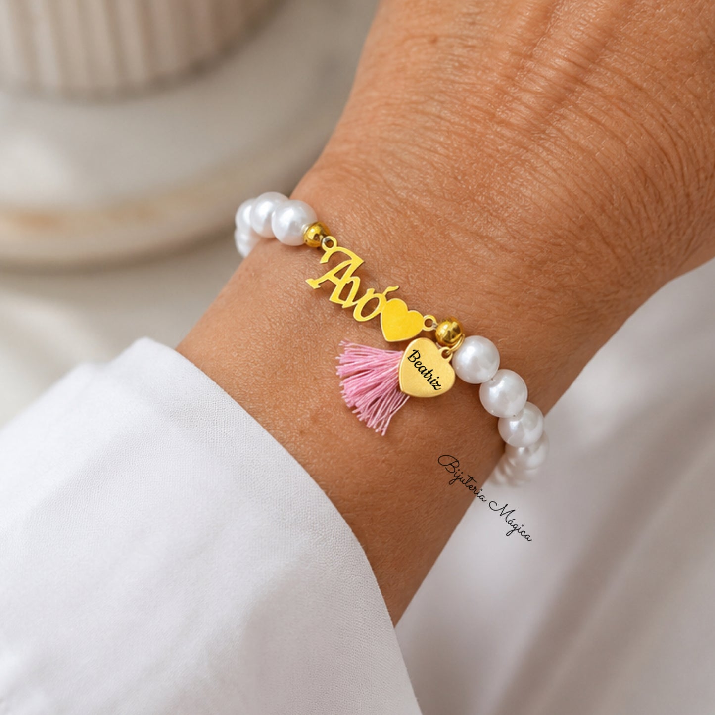 Pulseira Elástica de Pérolas “Avó” com Coração Personalizado em Aço