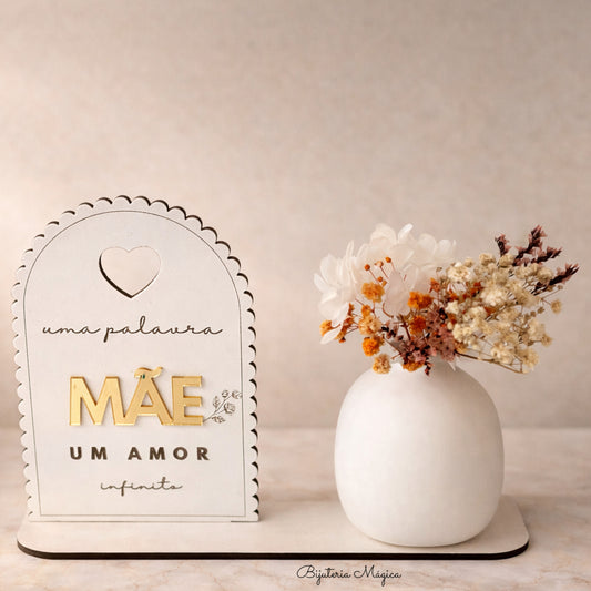 Placa Decorativa Mãe com Vaso em Gesso e Flores
