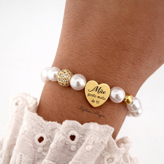 Pulseira Elástica Coração Mãe com Pérolas e Zircónias