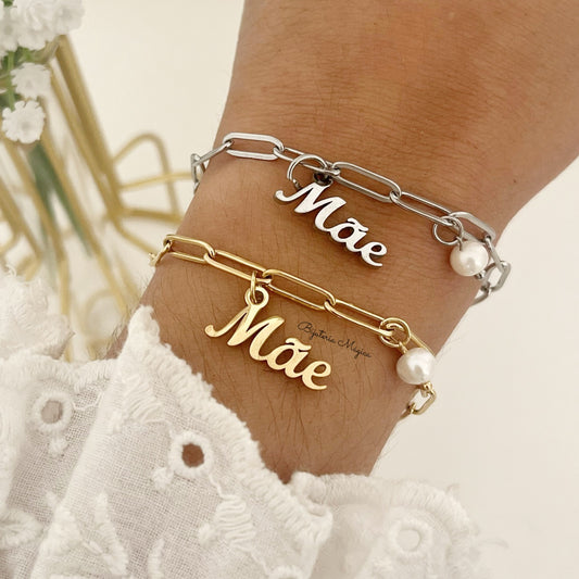 Pulseira “Mãe” com Pérola em Aço Inoxidável (Dourado e Prateado)