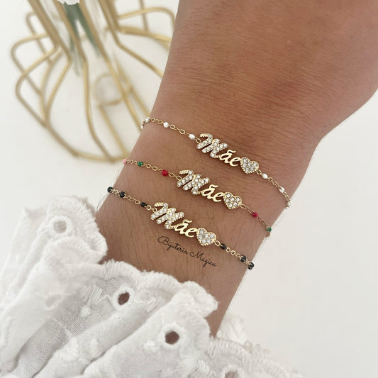 Pulseira “Mãe” com Brilho em Aço Inoxidável