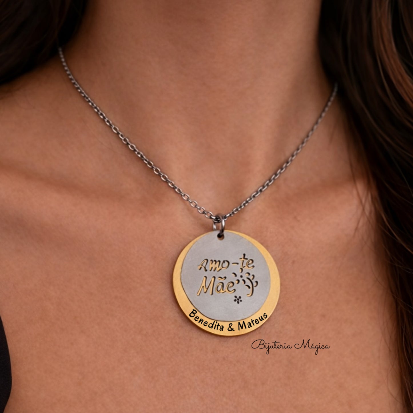 Colar Medalha “Amo-te Mãe” Personalizado 30mm em Aço Inoxidável