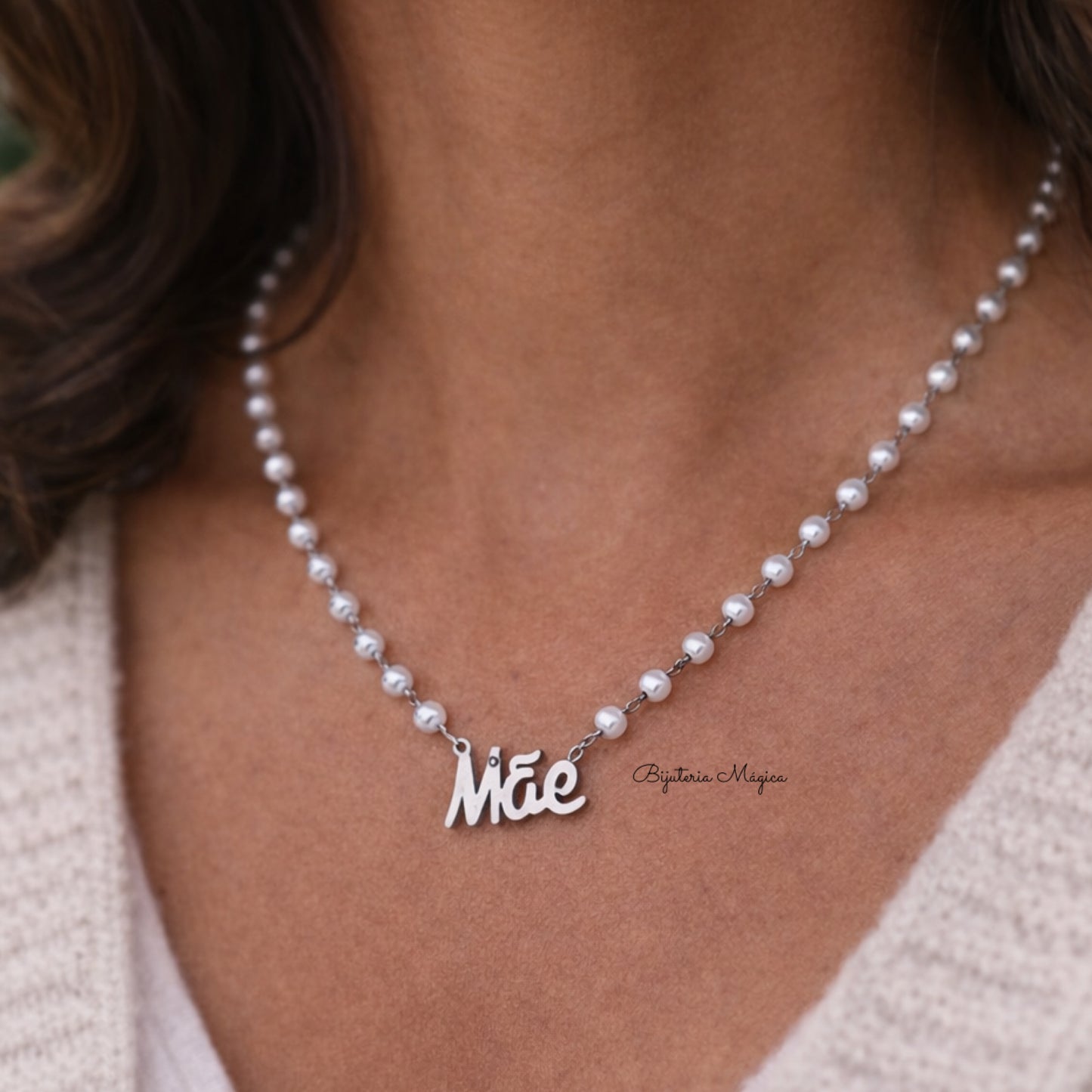Colar “Mãe” com Pérolas em Aço Inoxidável
