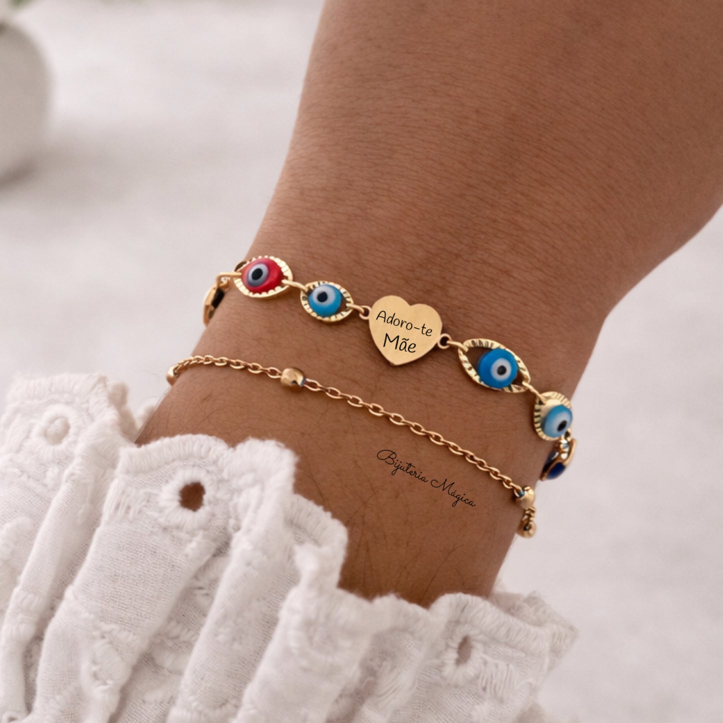 Pulseira Dupla Olho Protetor “Adoro-te Mãe”