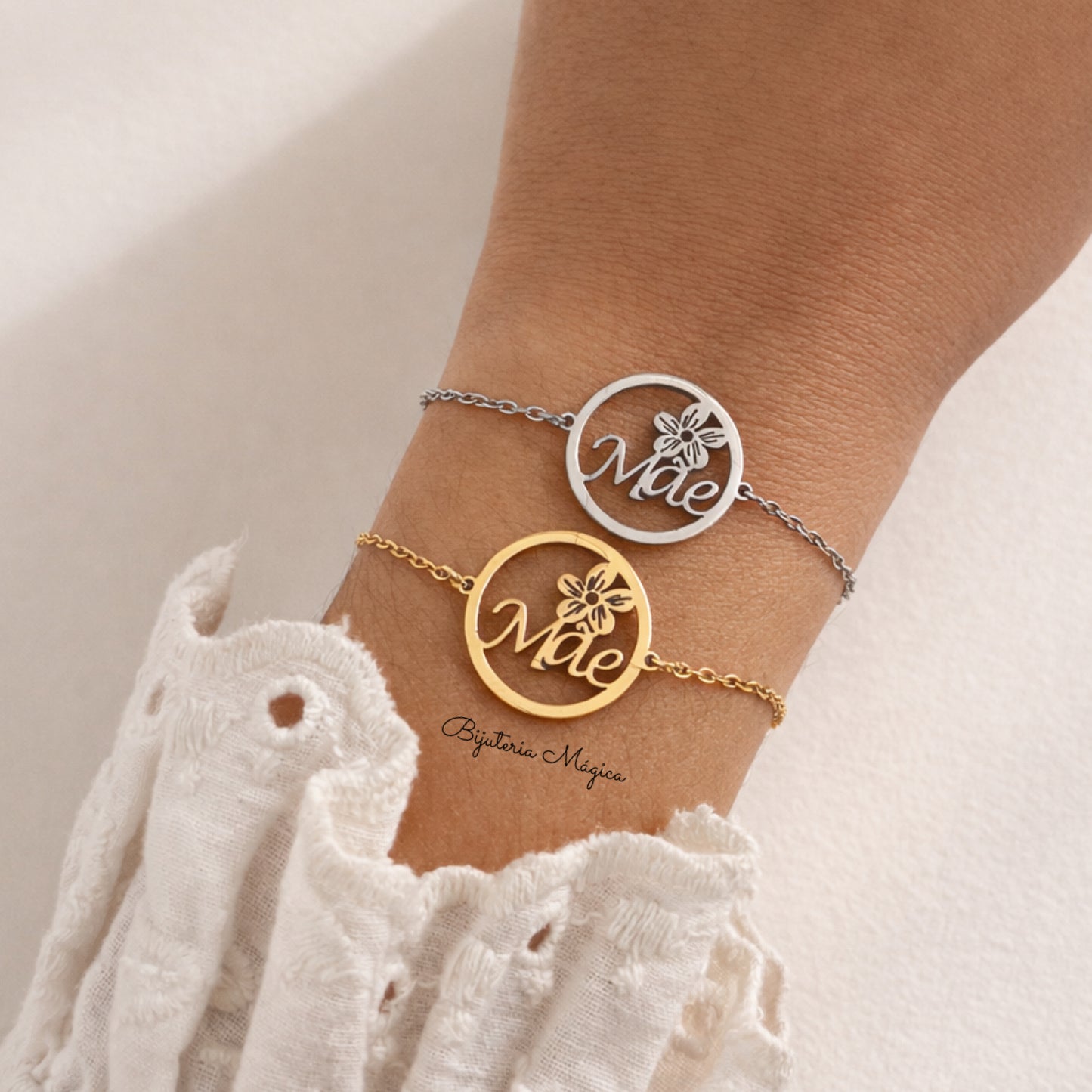 Pulseira Mãe em Aço com Flor