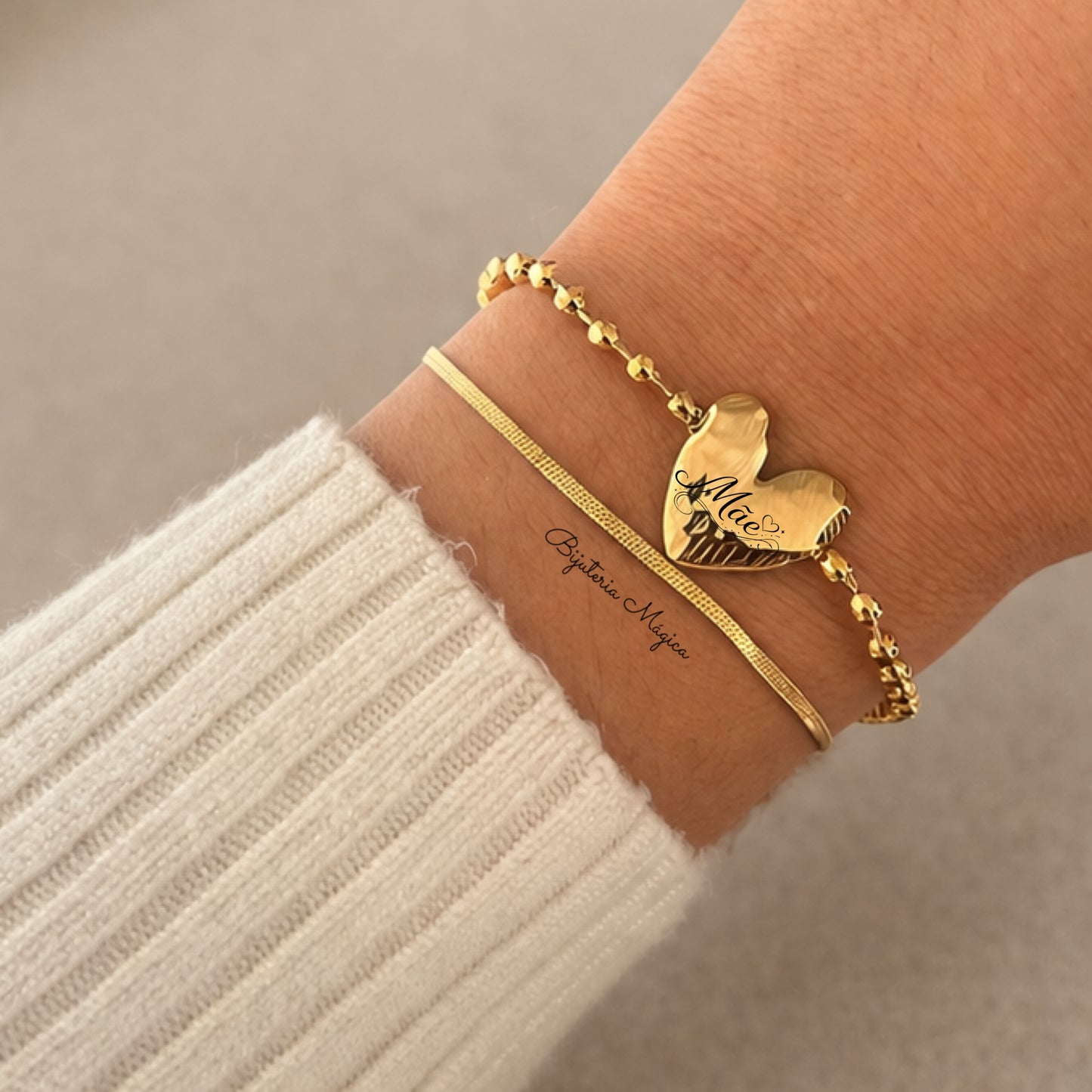Pulseira Dupla Coração Mãe em Aço
