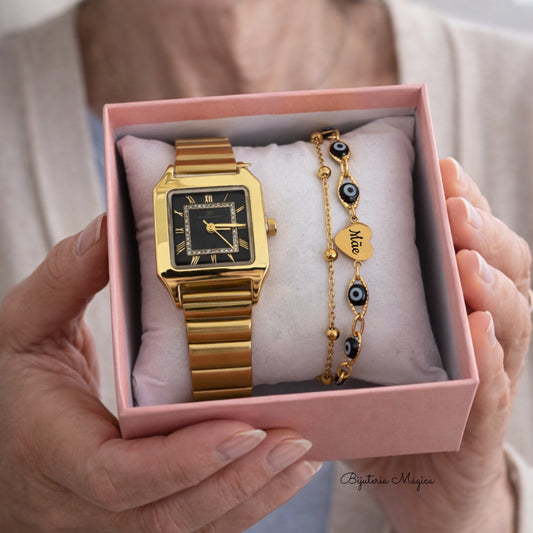 Conjunto Relógio & Pulseira Mãe Dourado e Preto