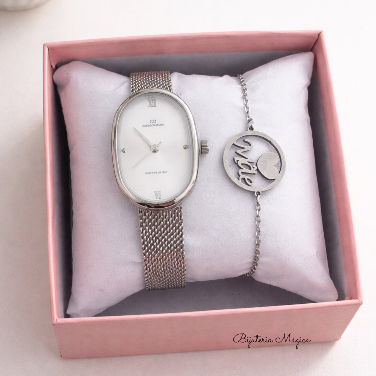 Conjunto Relógio & Pulseira Mãe Prateado
