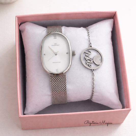 Conjunto Relógio & Pulseira Mãe Prateado