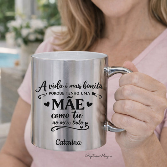 Caneca Metalizada Prateada Personalizada Amor de Mãe