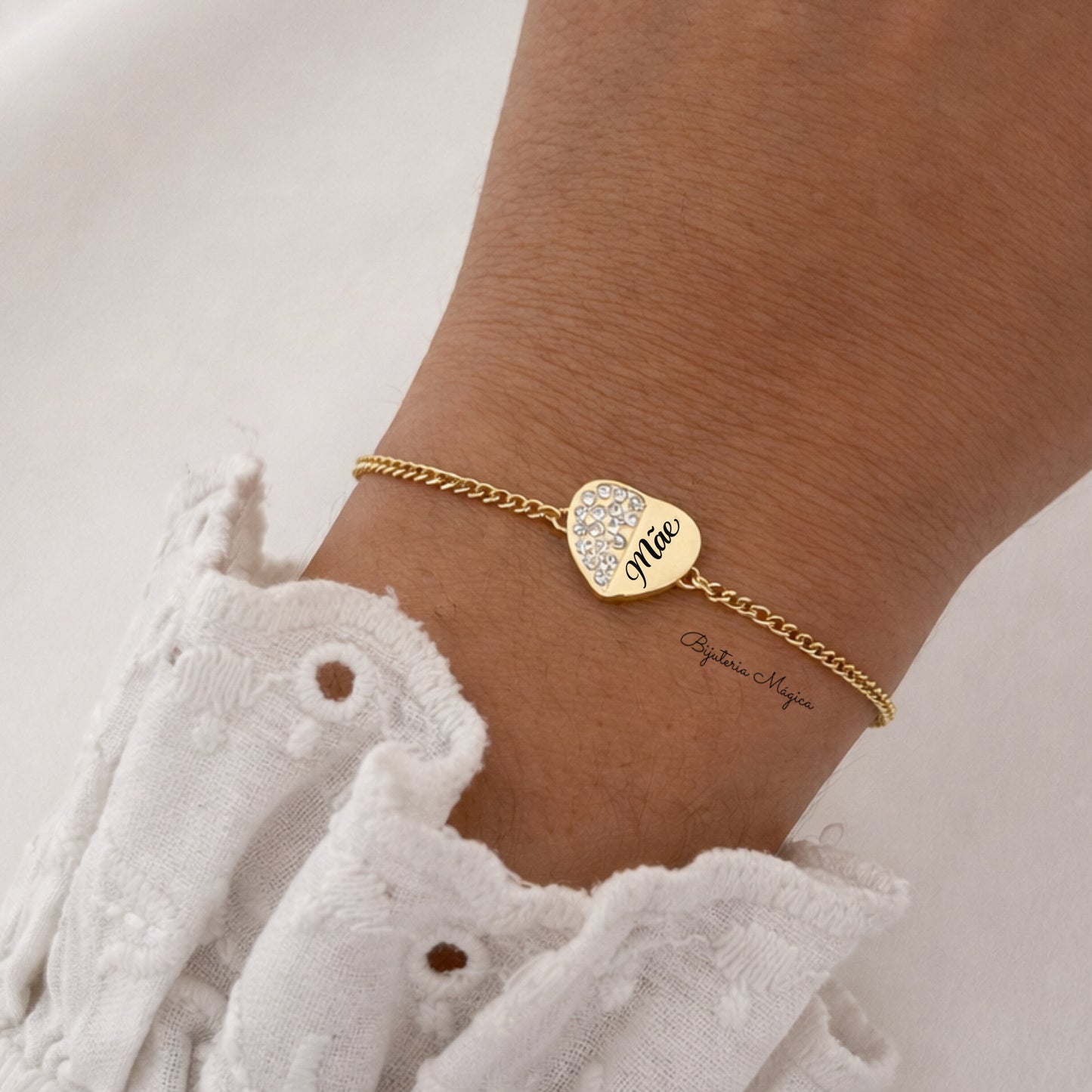 Pulseira Mãe Coração Brilho Dourada